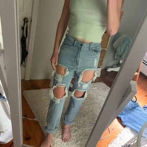 high rise ripped jeans
